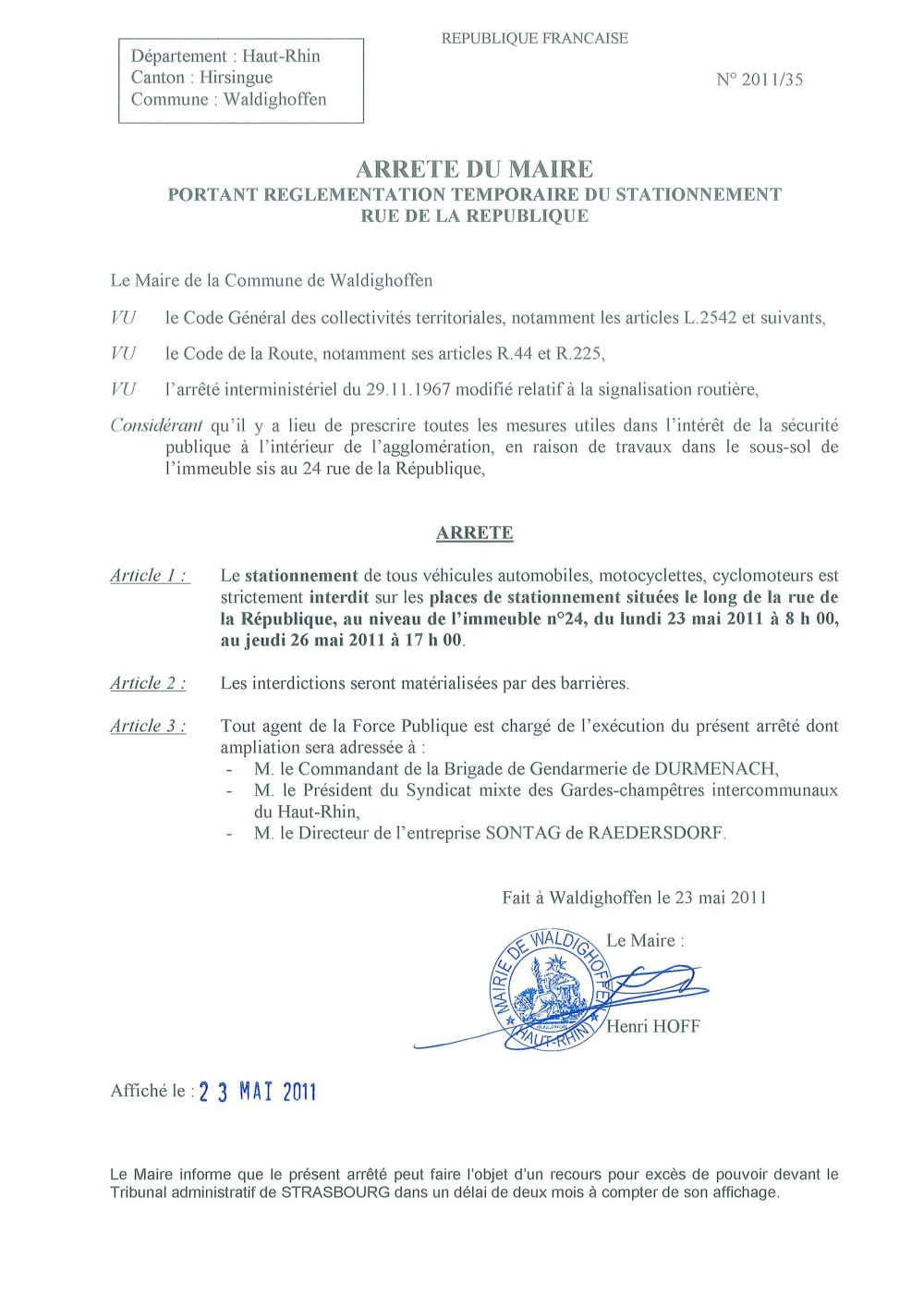 Arrêté du Maire n°2011/35 