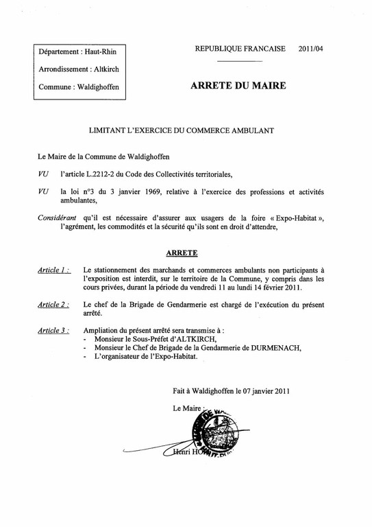 Arrêté limitant l&rsquo;exercice du commerce ambulant