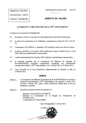 Arrêté n°2011/01 autorisant l'organisation de l'Expo-Habitat