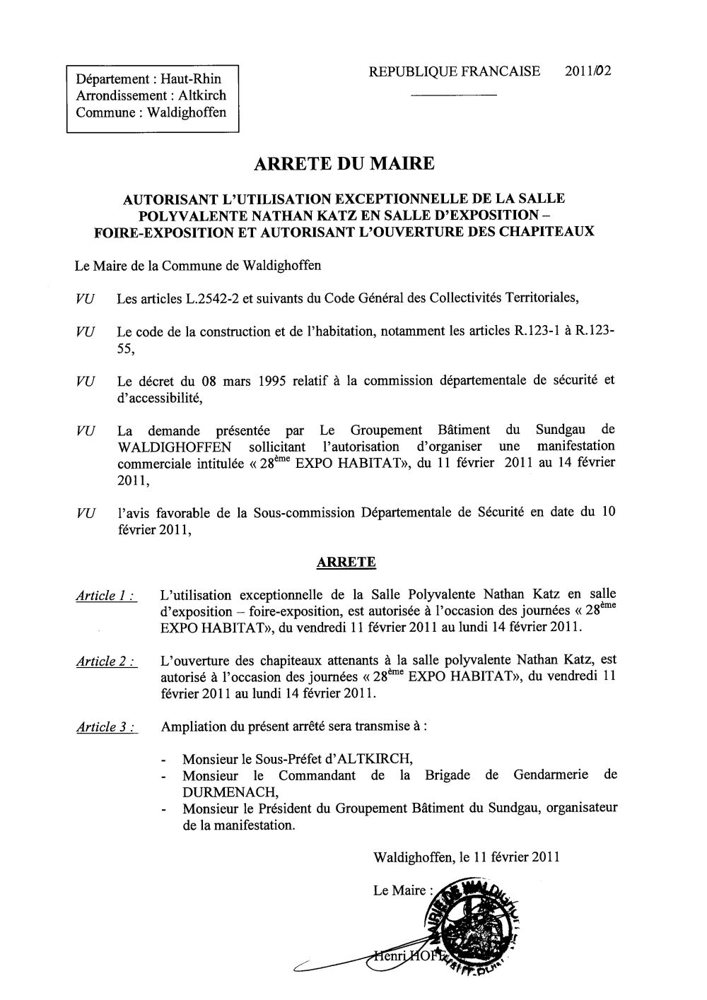 Arrêté n°2011/02 autorisant l'utilisation de la Salle Polyvalente / Expo-Habitat