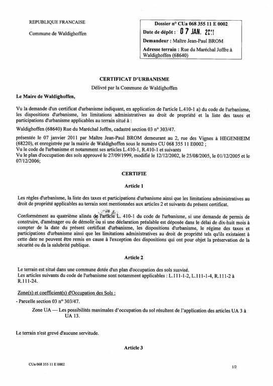 Certificat d’urbanisme n°11E0002 - Me BROM