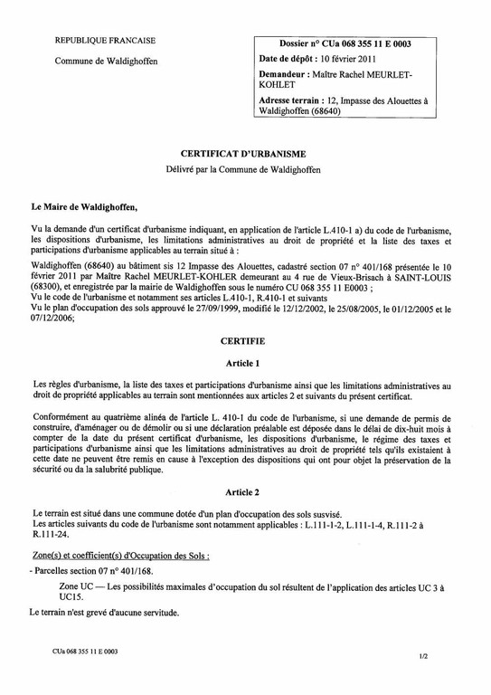 Certificat d’urbanisme n°11E0003 - Me MEURLET-KOHLER
