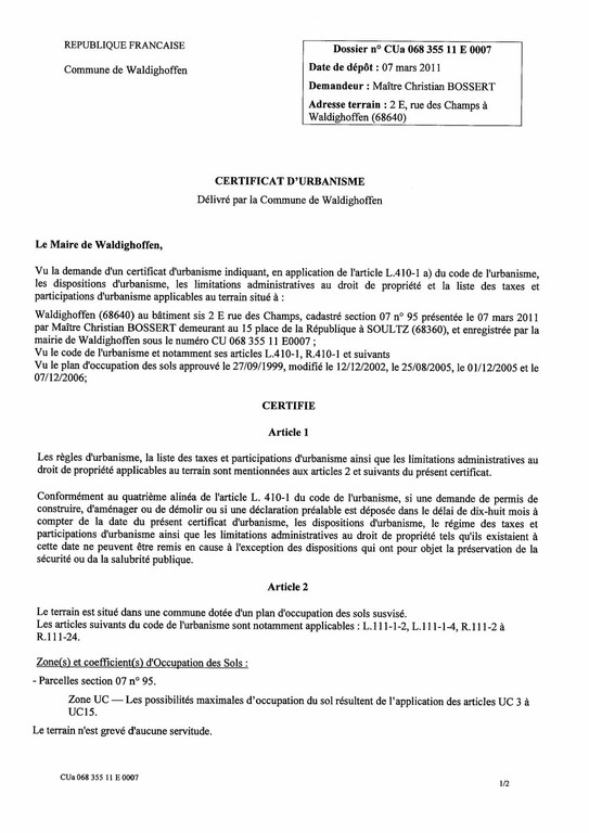 Certificat d’urbanisme n°11E0007 - Me BOSSERT