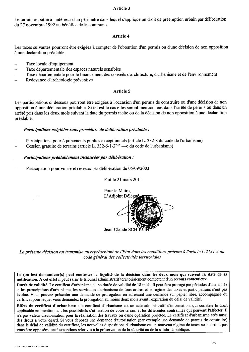 Certificat d'urbanisme n°11E0007 - Me BOSSERT