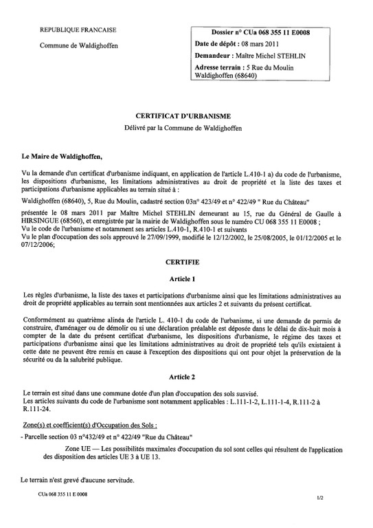 Certificat d’urbanisme n°11E0008 - Me Michel STEHLIN