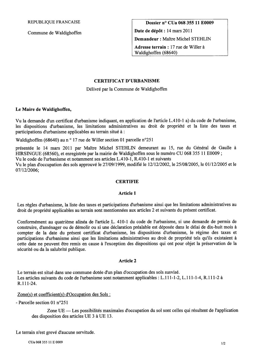Certificat d'urbanisme n°11E0009 - Me Michel STEHLIN