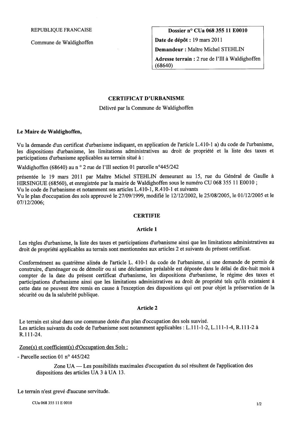 Certificat d'urbanisme n°11E0010 - Me Michel STEHLIN