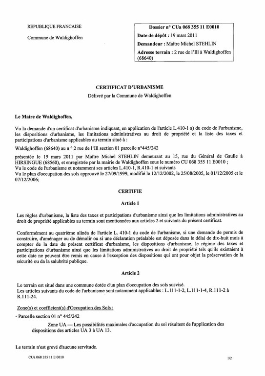 Certificat d’urbanisme n°11E0010 - Me Michel STEHLIN