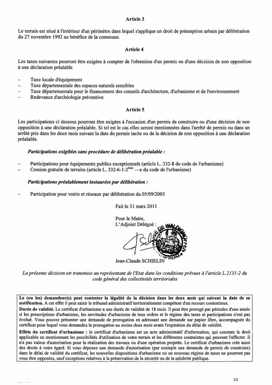 Certificat d’urbanisme n°11E0010 - Me Michel STEHLIN