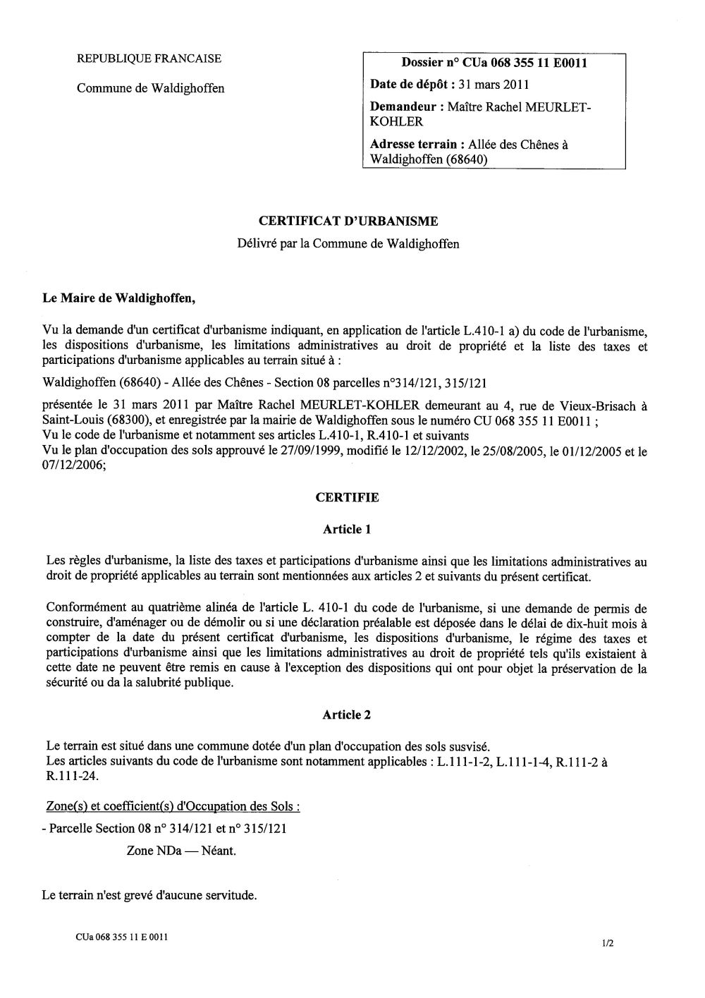 Certificat d'urbanisme n°11E0011 - Me MEURLET-KOHLER