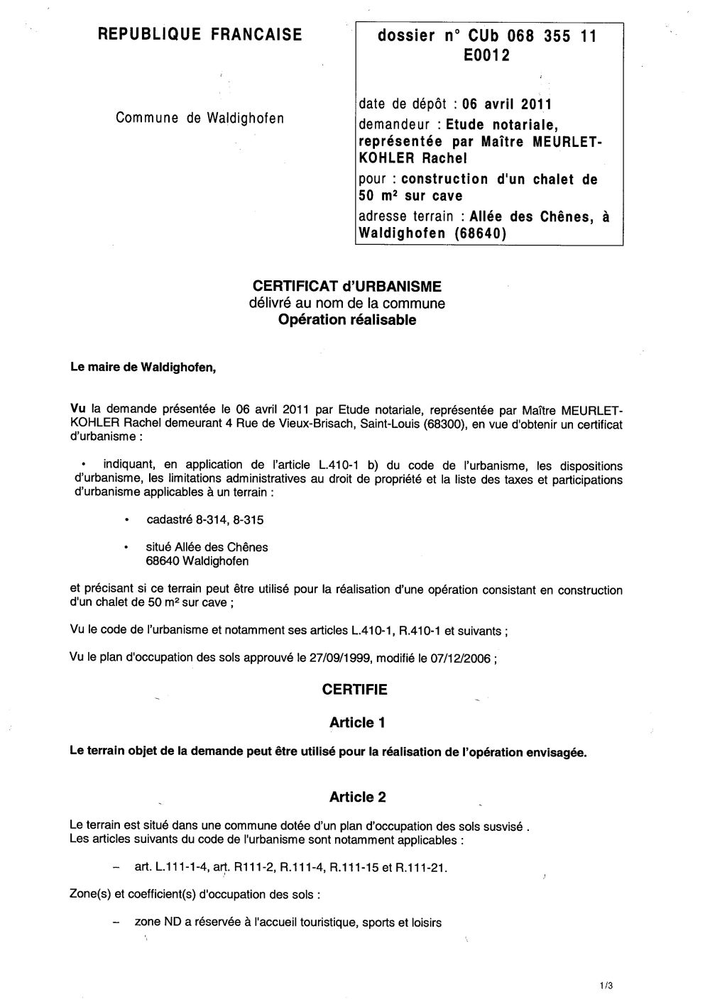 Certificat d'urbanisme n°11E0012 - Me MEURLET-KOHLER