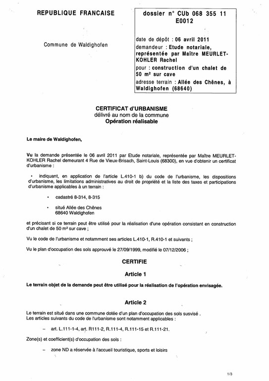 Certificat d’urbanisme n°11E0012 - Me MEURLET-KOHLER