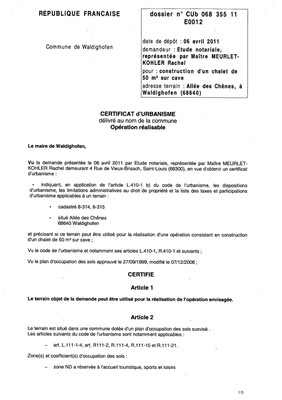 Certificat d'urbanisme n°11E0012 - Me MEURLET-KOHLER