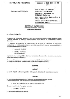 Certificat d'urbanisme opérationnel n°11E0014 - Me Catherine BAEUMLIN