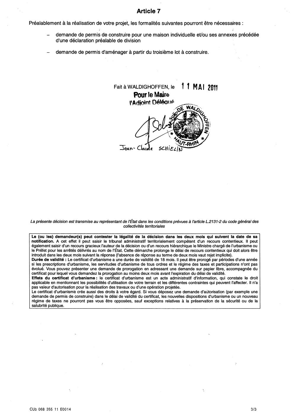 Certificat d'urbanisme opérationnel n°11E0014 - Me Catherine BAEUMLIN