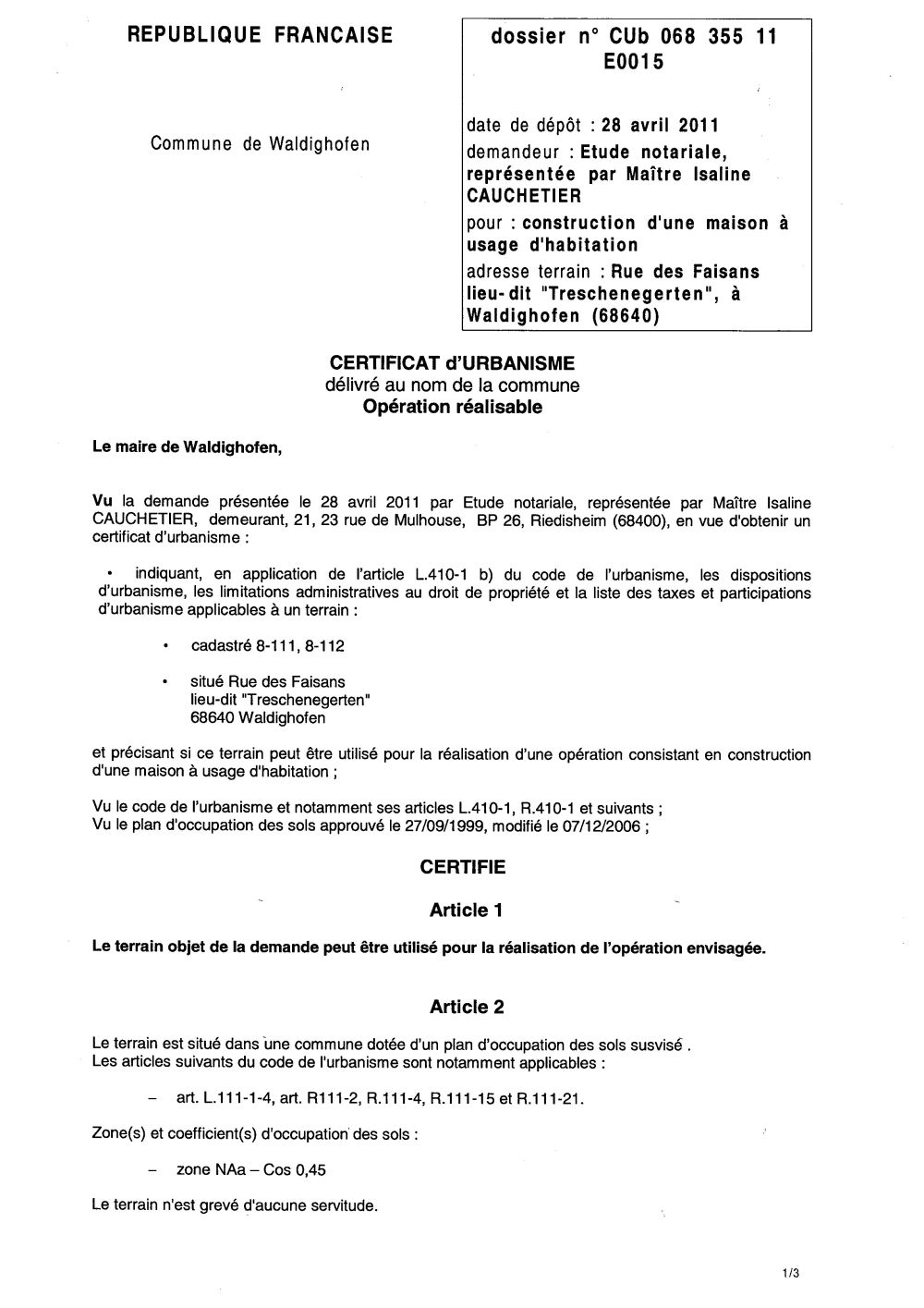Certificat d'urbanisme n°11E0015 - Me CAUCHETIEZ