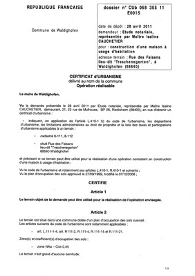 Certificat d'urbanisme n°11E0015 - Me CAUCHETIEZ