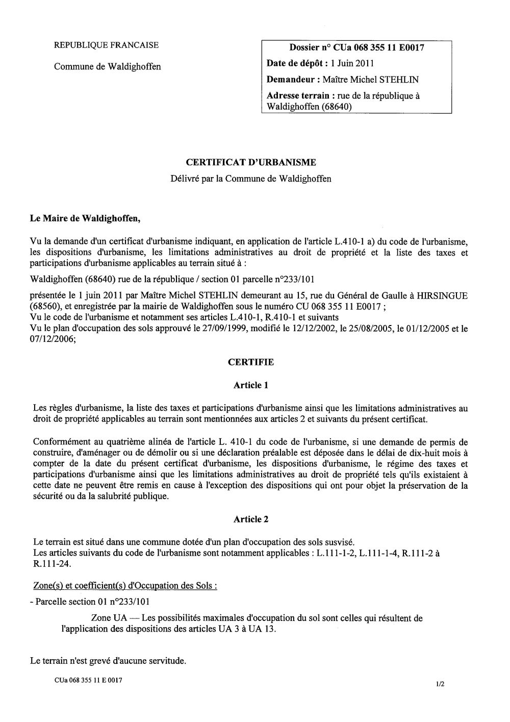 Certificat d'urbanisme n°11E0017 - Me STEHLIN