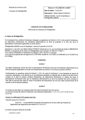 Certificat d'urbanisme n°11E0017 - Me STEHLIN