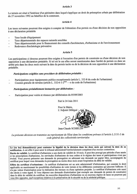 Certificat d’urbanisme n°11E0019 - Me BAUER