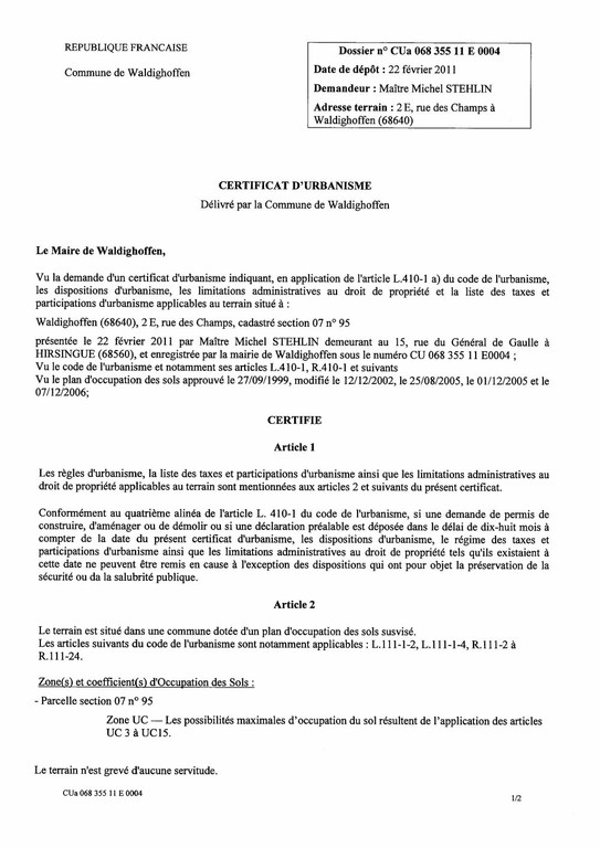 Certificat d’urbanisme n°11E - Me Michel STEHLIN 