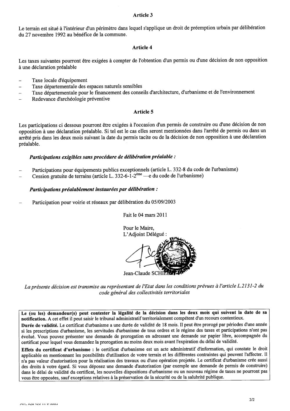 Certificat d'urbanisme n°11E0004 - Me Michel STEHLIN 