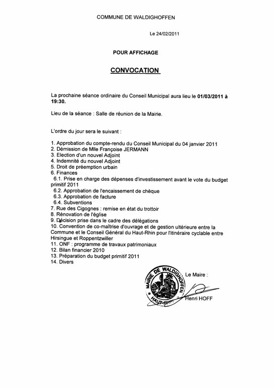 Conseil municipal le 1er mars 2011