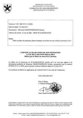 Non-opposition à la déclaration préalable n°11E0020 - M. GRIENENBERGER Etienne Non-opposition à la déclaration préalable n°11E0020 - M. GRIENENBERGER Etienne