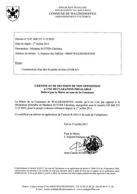 Non-opposition à la déclaration préalable n°11E0023 - Mme SUTTER