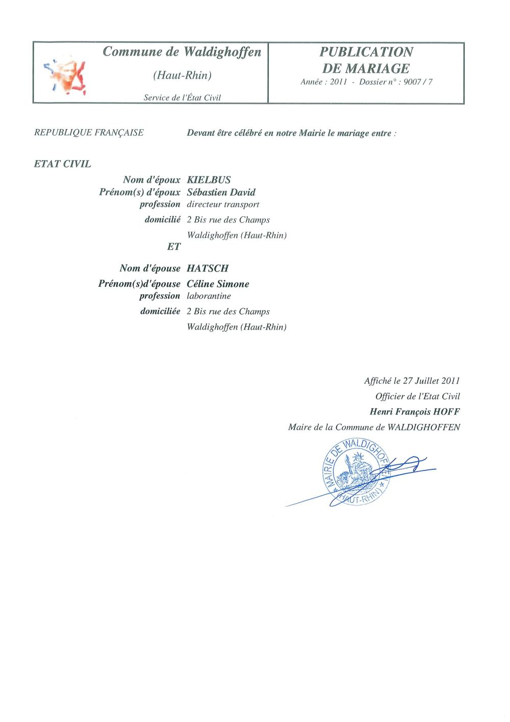 Publication de mariage M. KIELBUS et Mlle HATSCH 