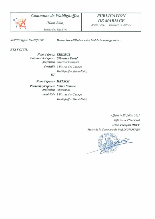 Publication de mariage M. KIELBUS et Mlle HATSCH 