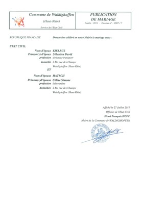 Publication de mariage M. KIELBUS et Mlle HATSCH 