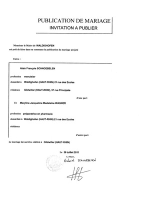 Publication de mariage M. SCHNOEBELEN et Mlle WAGNER 