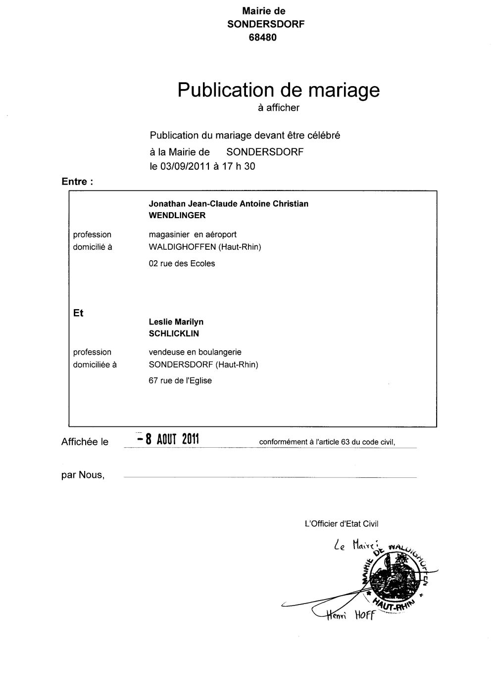Publication de mariage M. WENDLINGER et Mlle SCHLICKLIN