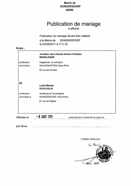 Publication de mariage M. WENDLINGER et Mlle SCHLICKLIN
