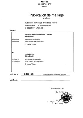 Publication de mariage M. WENDLINGER et Mlle SCHLICKLIN