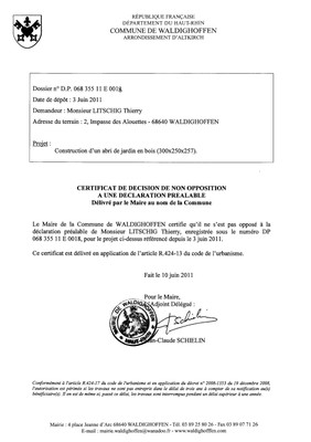 Non-opposition à la déclaration préalable n°11E0018 - M. LITSCHIG Non-opposition à la déclaration préalable n°11E0018 - M. LITSCHIG