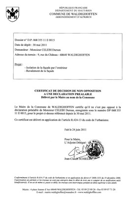 Non-opposition à la déclaration préalable n°11E0015 - M. CELEBI