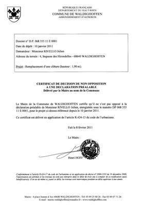 Non-opposition à une déclaration préalable - DP11E0001 - M. RIVELLO Julien