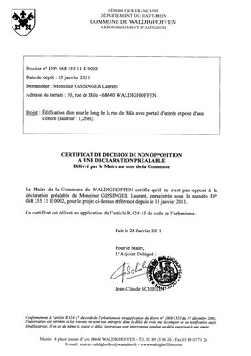 Non-opposition à une déclaration préalable - DP11E0002 - M. GISSINGER Laurent