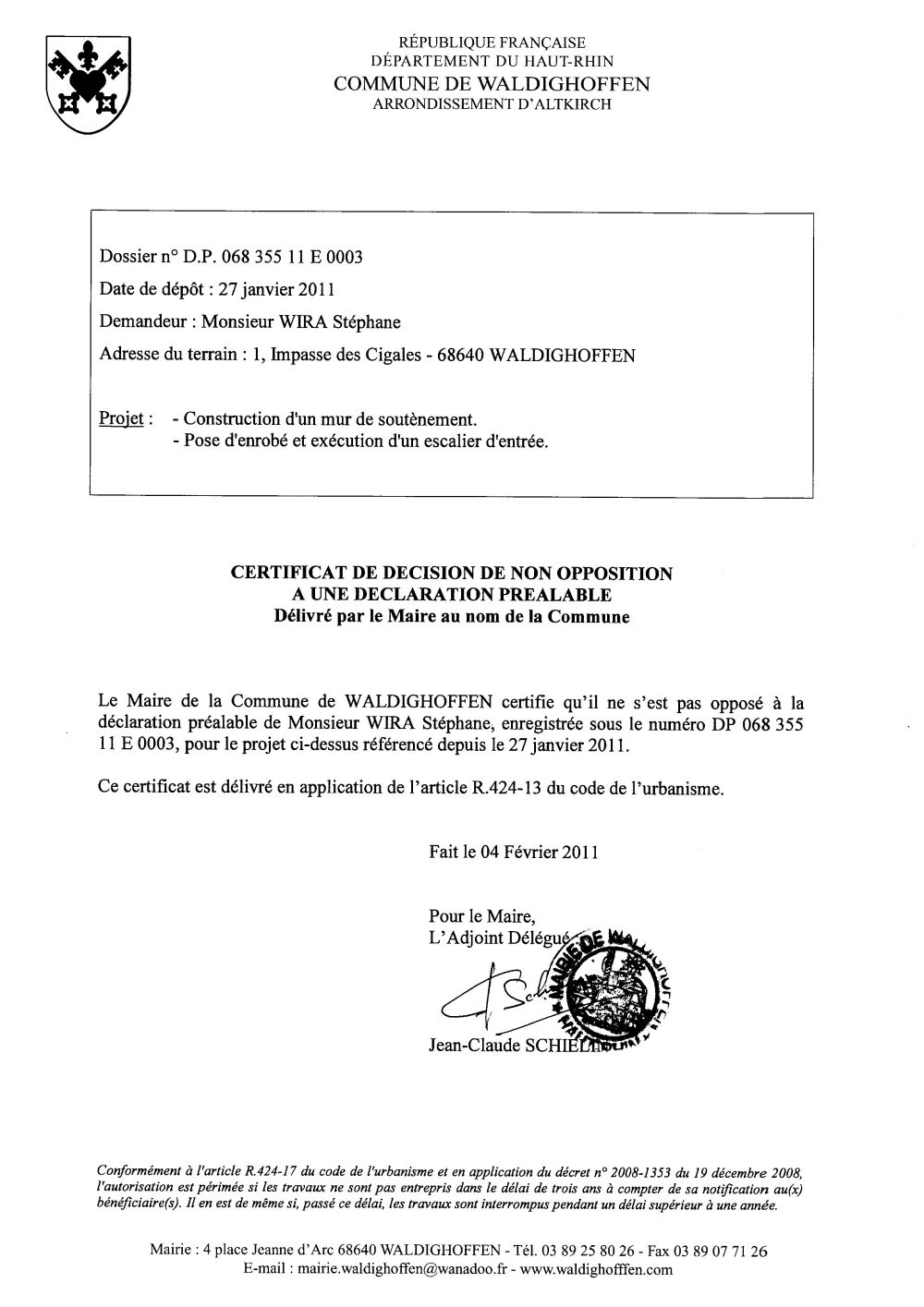 Non-opposition à une déclaration préalable - DP11E0003 - M. WIRA Stéphane