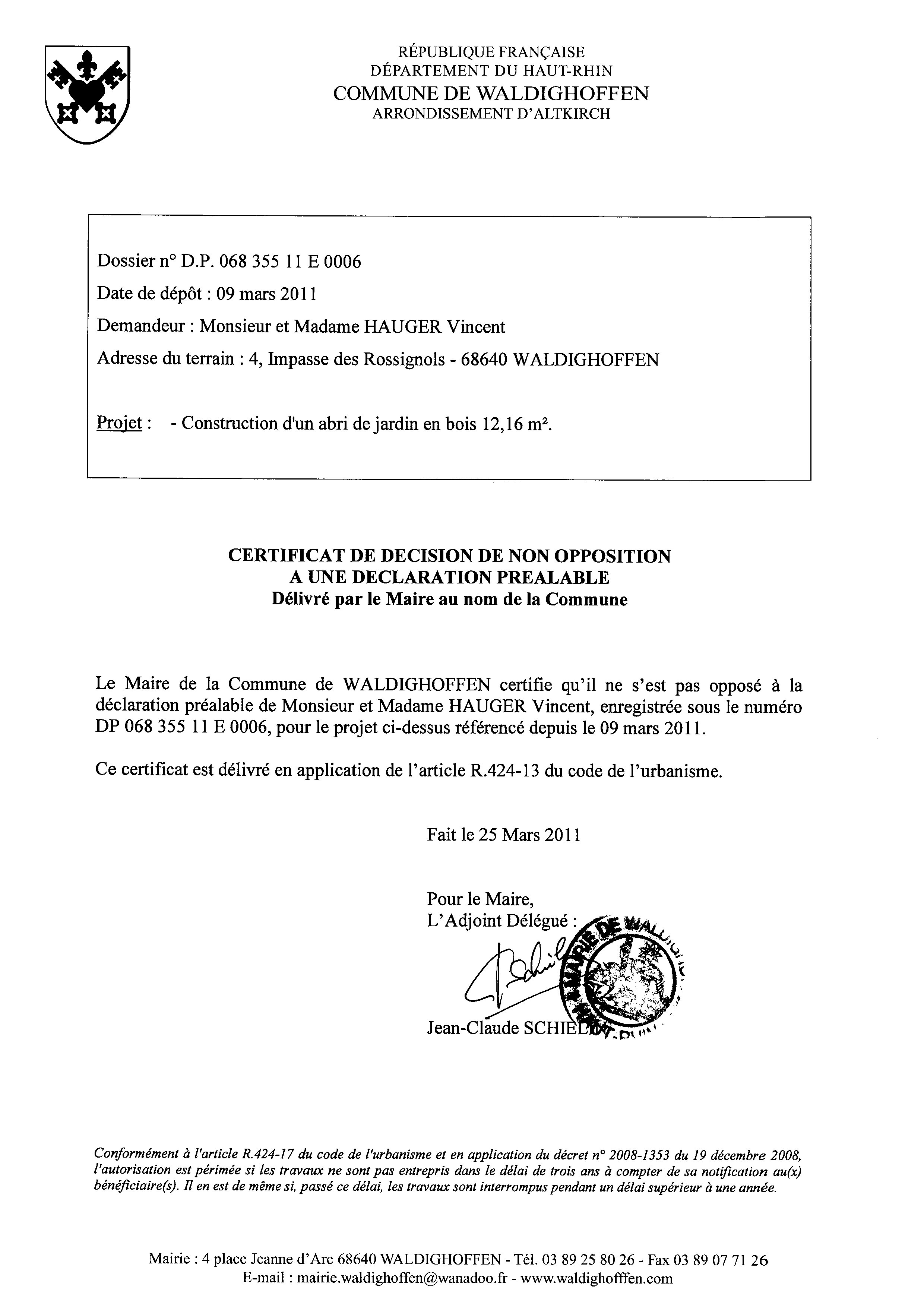 Non-opposition à une déclaration préalable n°11E0006 - M. et Mme HAUGER Vincent