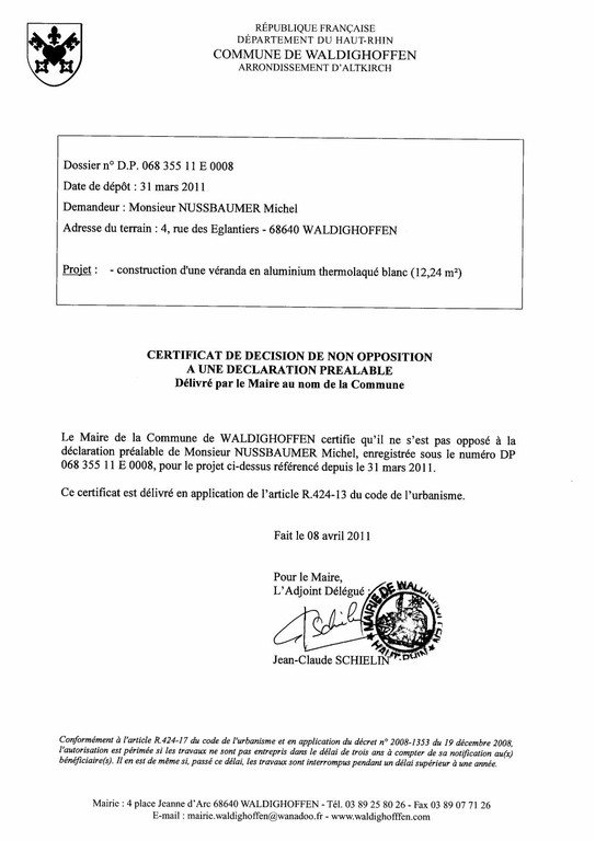 Non-opposition à une déclaration préalable n&deg; 11E0008 - M. NUSSBAUMER Michel