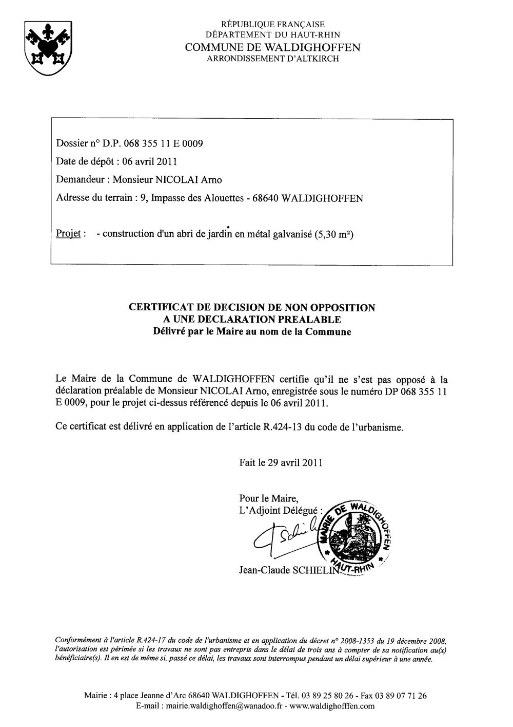 Non-opposition à une déclaration préalable n°11E0009 - M. NICOLAI