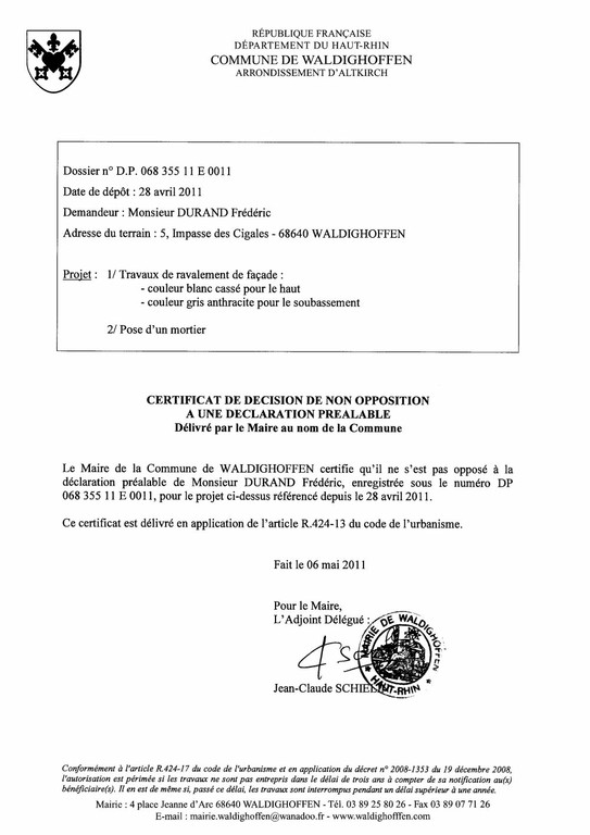 Non-opposition à une déclaration préalable n°11E0011 - M. DURAND Frédéric