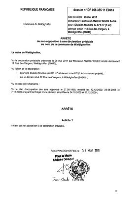 Non-opposition à la déclaration préalable n°11E0013 - M. ANDELFINGER Non-opposition à la déclaration préalable n°11E0013 - M. ANDELFINGER