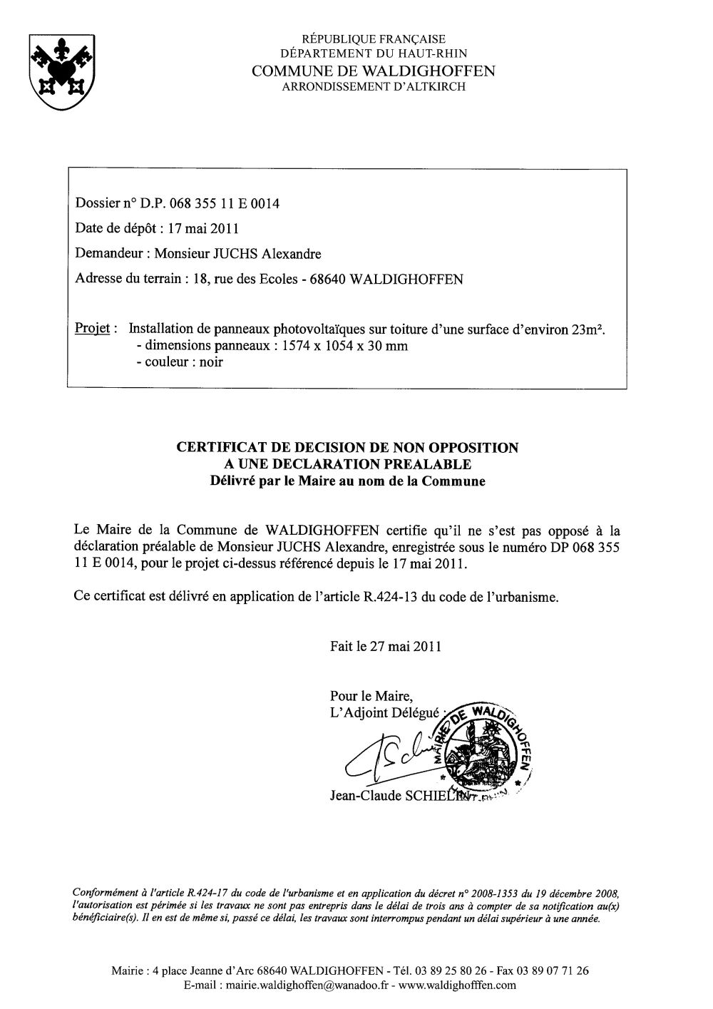 Non-opposition à la déclaration préalable n°11E0014 - M. JUCHS Alexandre