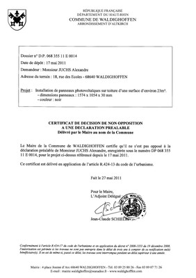 Non-opposition à la déclaration préalable n°11E0014 - M. JUCHS Alexandre Non-opposition à la déclaration préalable n°11E0014 - M. JUCHS Alexandre