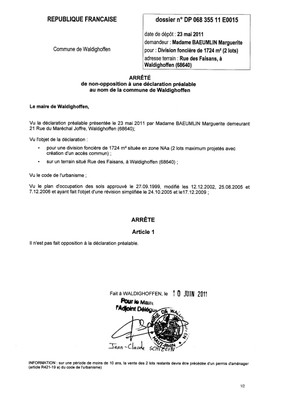 Non-opposition à la déclaration préalable n°11E0015 - Mme BAEUMLIN Non-opposition à la déclaration préalable n°11E0015 - Mme BAEUMLIN