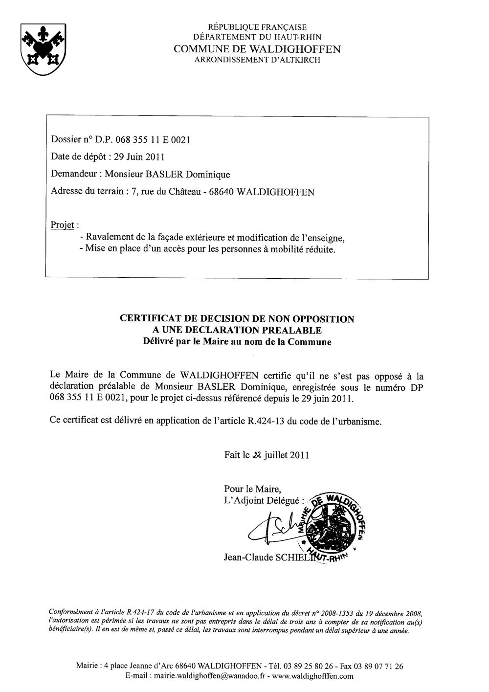 Non-opposition à la déclaration préalable n°11E0021 - M. BASLER Dominique
